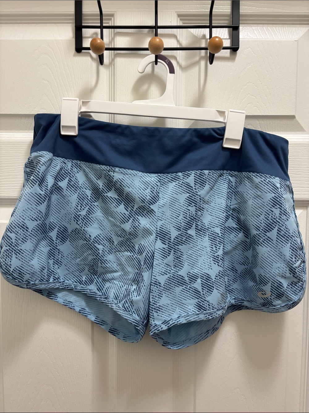 Asics Blue Patterned Athletic Shorts with Navy Waistband